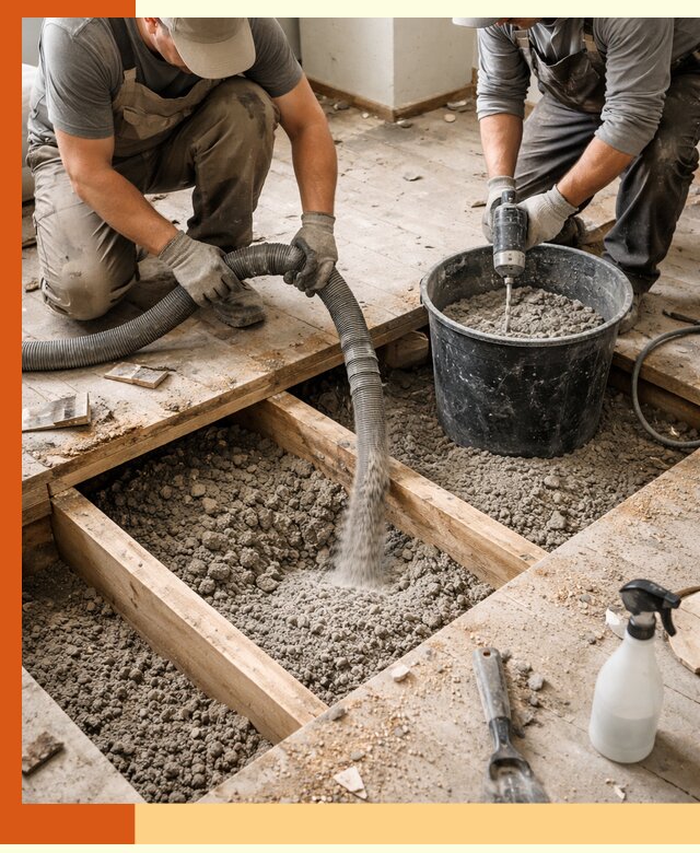 Заполнение пустот пола в Инте полиуретаном и пенополистиролом